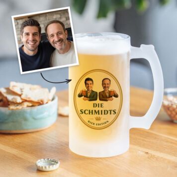 Personalised Beer Mug with Logo and Two Faces - Design
